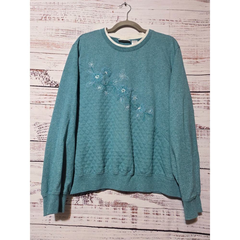 Alfred Dunner Womens XL Teal Blue Quilted Floral Embroidered Sweatshirt Top